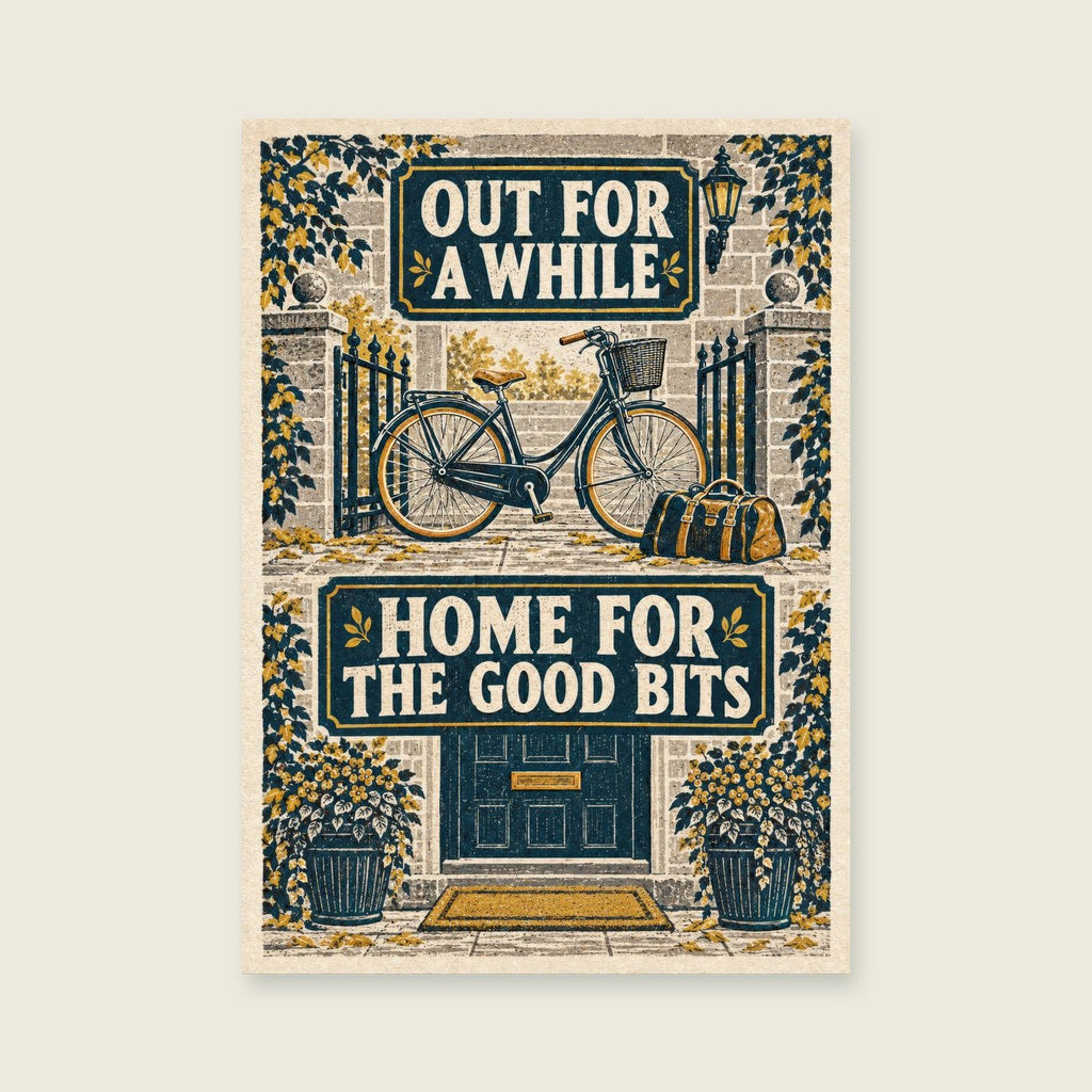 Out for a While Home for the Good Bits — Editorial linocut hallway art print