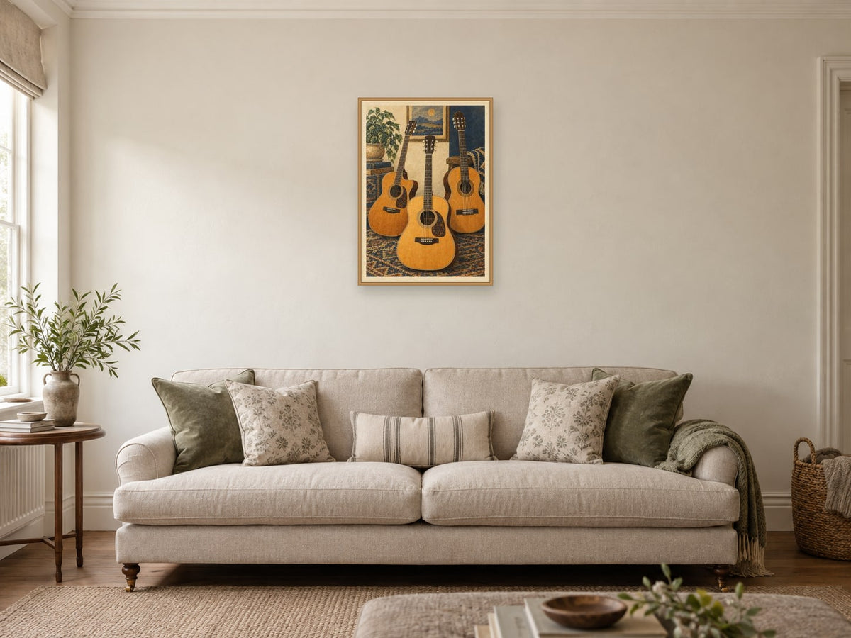 The Guitar Wall Study — A2 artwork shown in a room with a natural wood frame; select a framed finish to include a frame