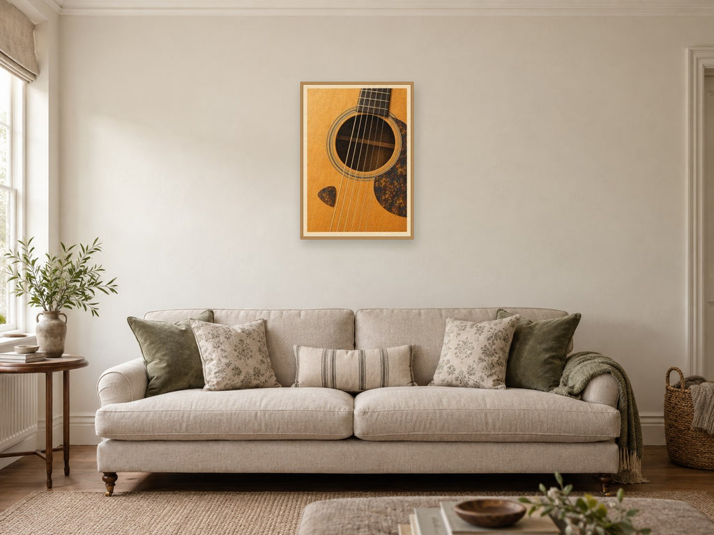 Pick and Soundhole — A2 artwork shown in a room with a natural wood frame; select a framed finish to include a frame