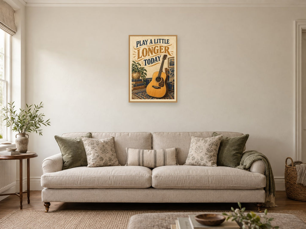 Play a Little Longer Today — A2 artwork shown in a room with a natural wood frame; select a framed finish to include a frame
