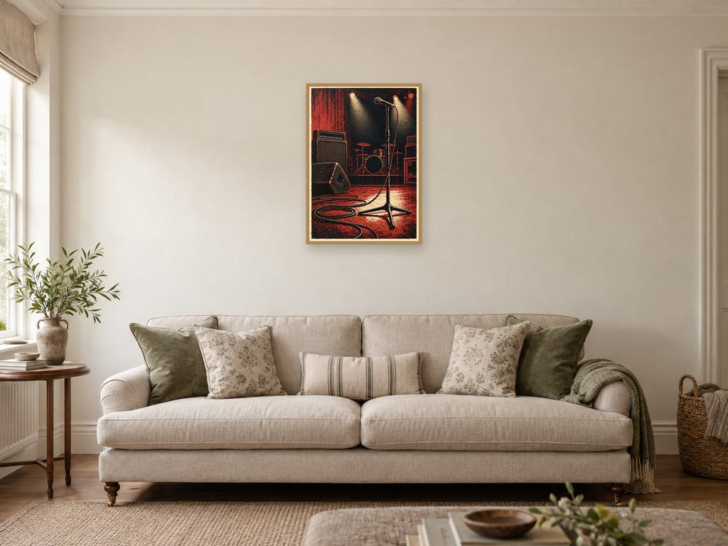 The Empty Stage at Midnight — A2 artwork shown in a room with a natural wood frame; select a framed finish to include a frame