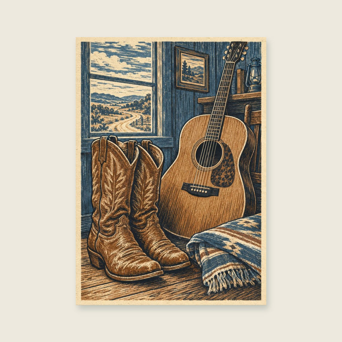 Boots Beside the Acoustic — Vintage woodcut illustration music art print