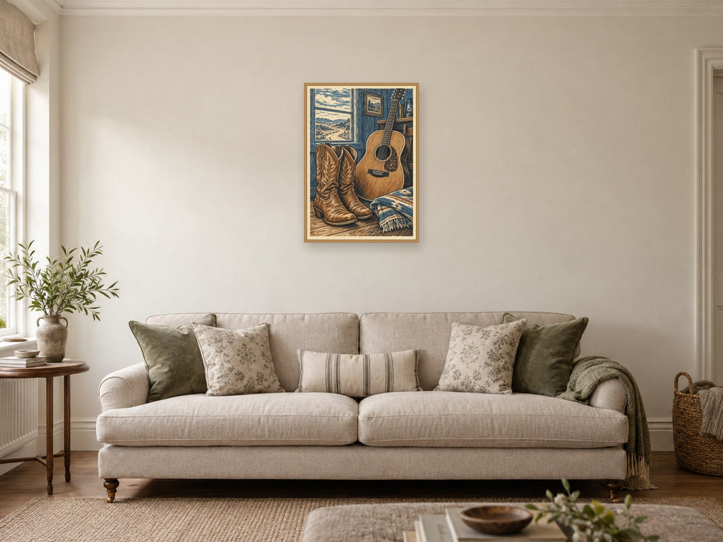 Boots Beside the Acoustic — A2 artwork shown in a room with a natural wood frame; select a framed finish to include a frame