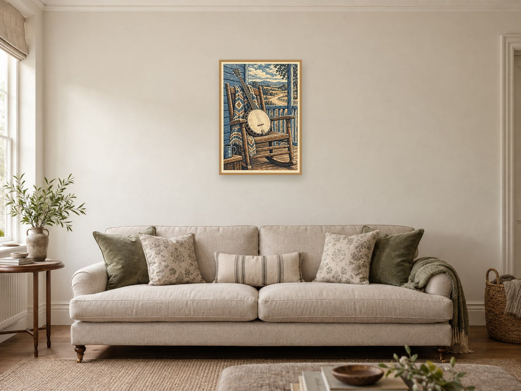The Porch Banjo — A2 artwork shown in a room with a natural wood frame; select a framed finish to include a frame