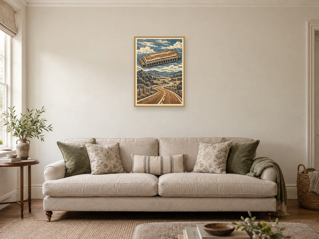 Harmonica and Open Road — A2 artwork shown in a room with a natural wood frame; select a framed finish to include a frame