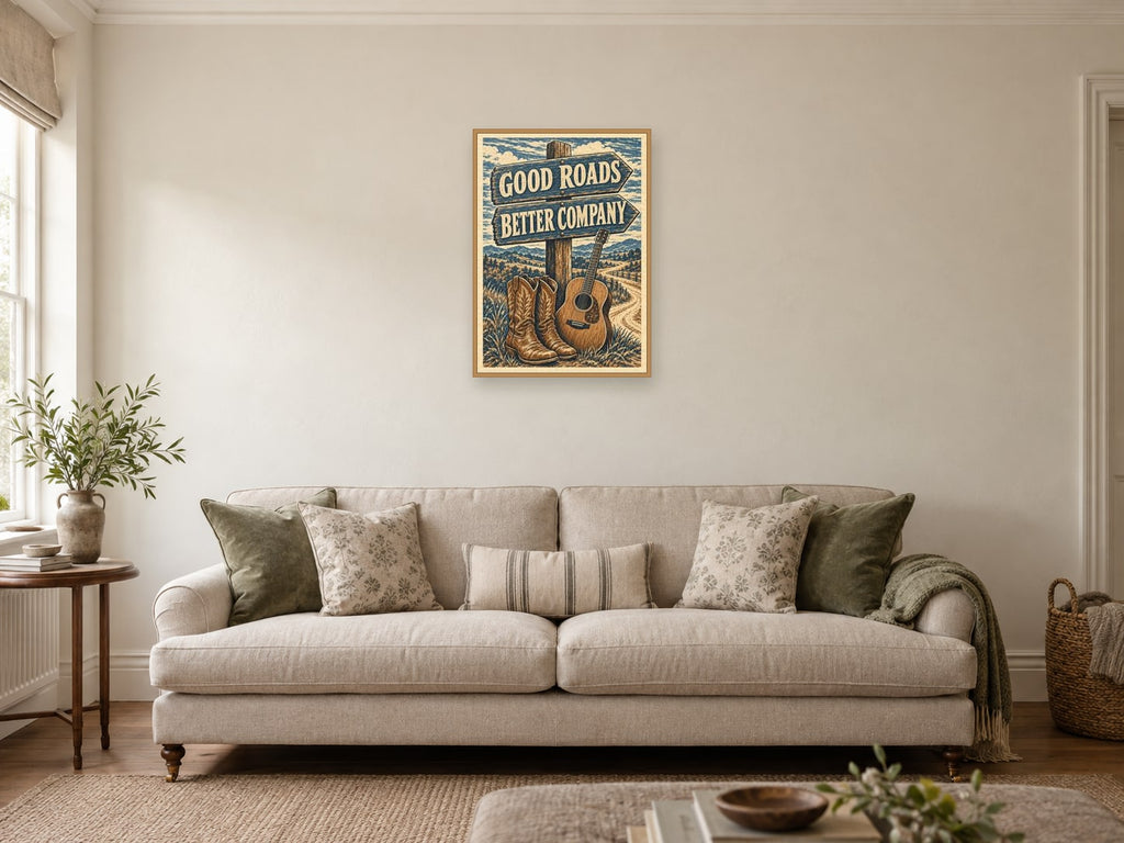 Good Roads Better Company — A2 artwork shown in a room with a natural wood frame; select a framed finish to include a frame