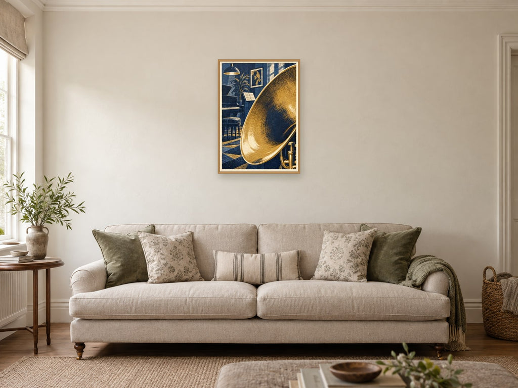 The Trumpet Bell — A2 artwork shown in a room with a natural wood frame; select a framed finish to include a frame