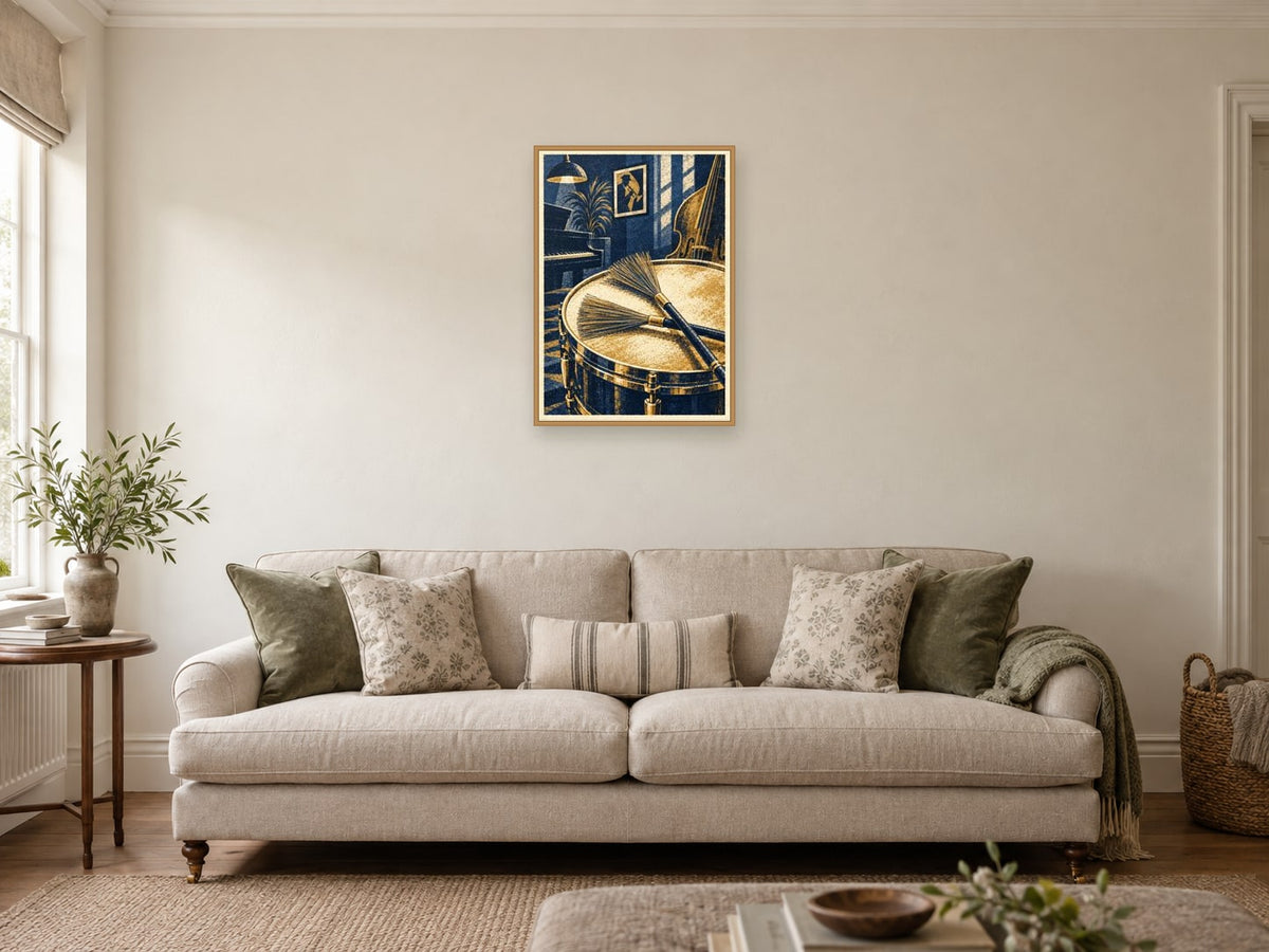 Brushes on the Snare — A2 artwork shown in a room with a natural wood frame; select a framed finish to include a frame