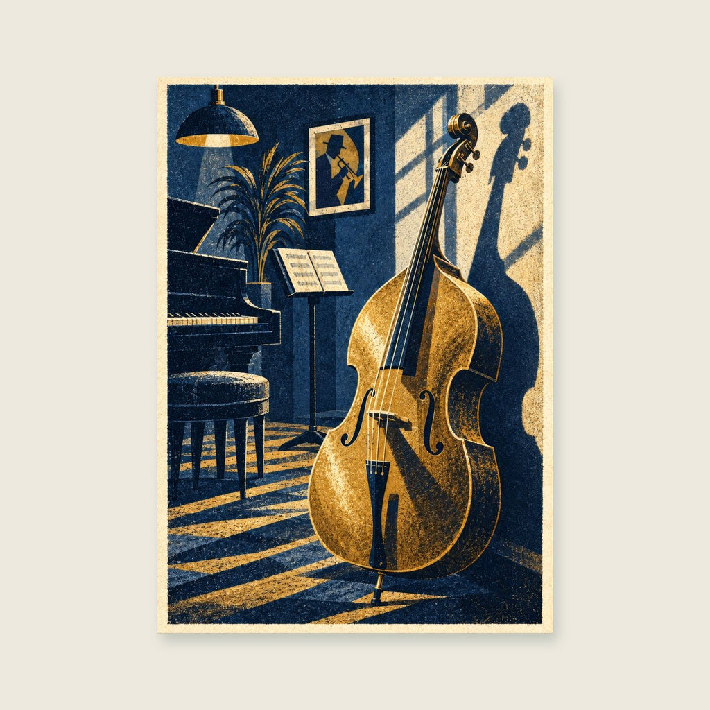 The Upright Bass Shadow — Textured editorial screenprint music art print