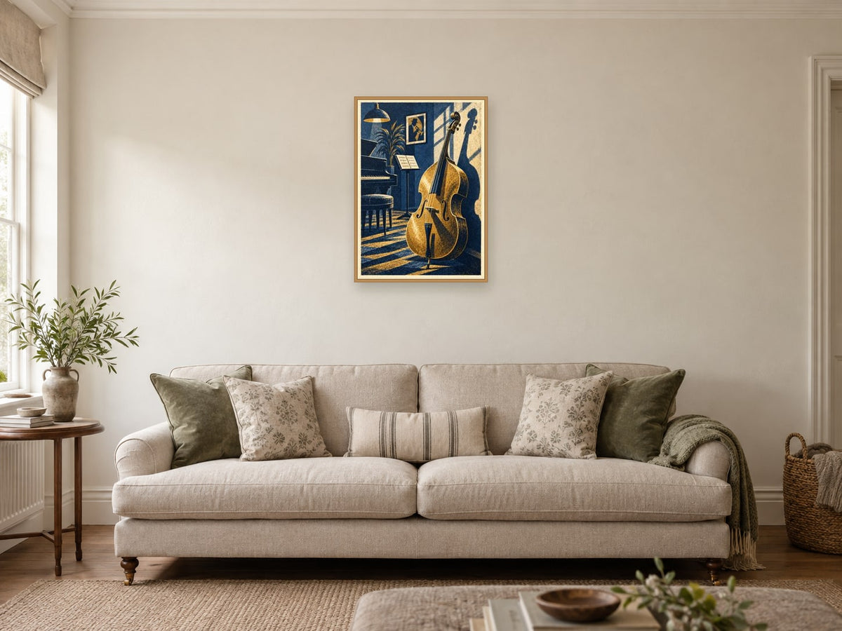 The Upright Bass Shadow — A2 artwork shown in a room with a natural wood frame; select a framed finish to include a frame