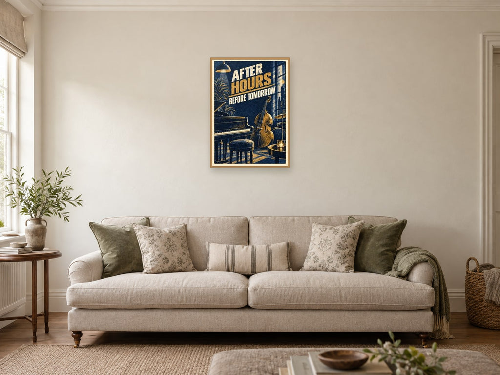 After Hours Before Tomorrow — A2 artwork shown in a room with a natural wood frame; select a framed finish to include a frame
