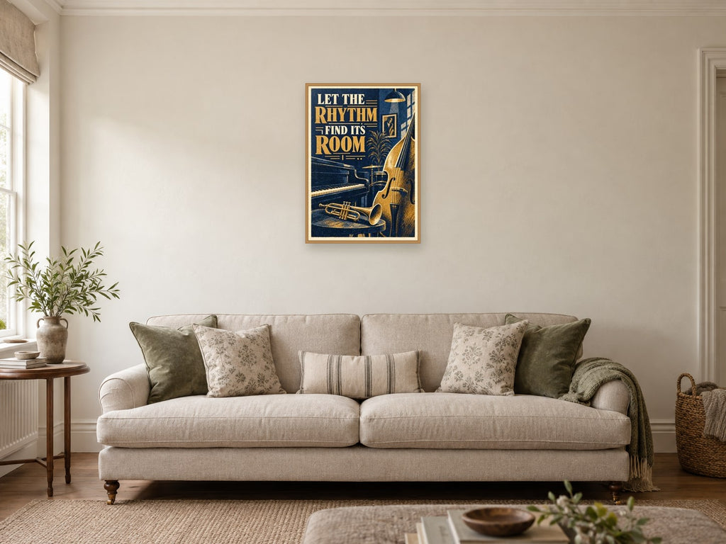 Let the Rhythm Find Its Room — A2 artwork shown in a room with a natural wood frame; select a framed finish to include a frame
