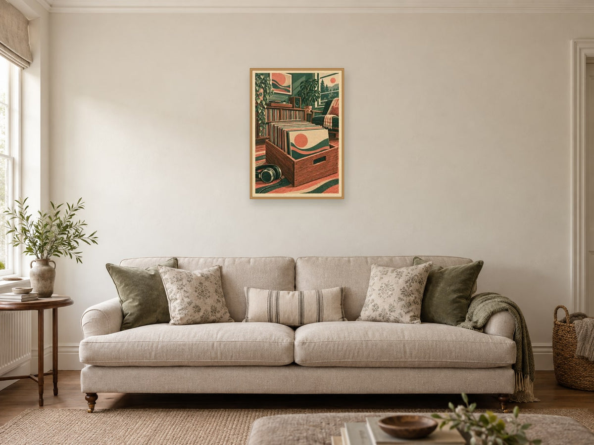 The Crate of Records — A2 artwork shown in a room with a natural wood frame; select a framed finish to include a frame