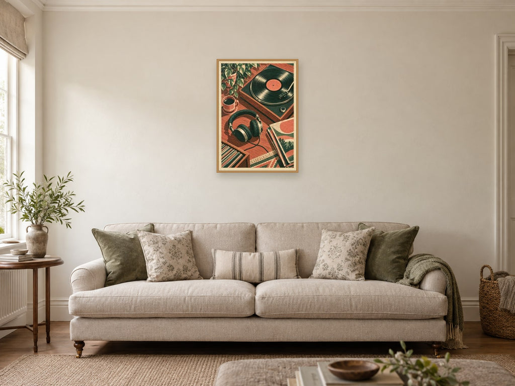 Headphones on the Turntable — A2 artwork shown in a room with a natural wood frame; select a framed finish to include a frame