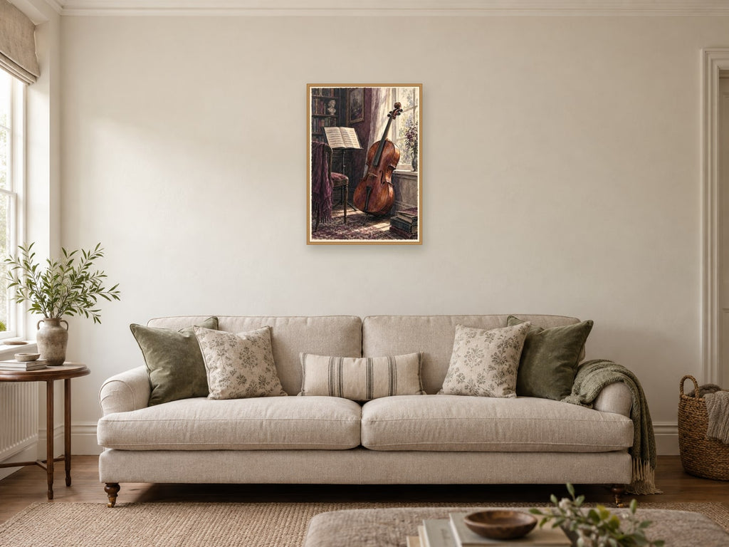 Cello by the Window — A2 artwork shown in a room with a natural wood frame; select a framed finish to include a frame