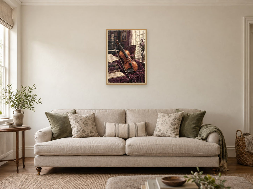 The Violin and the Bow — A2 artwork shown in a room with a natural wood frame; select a framed finish to include a frame