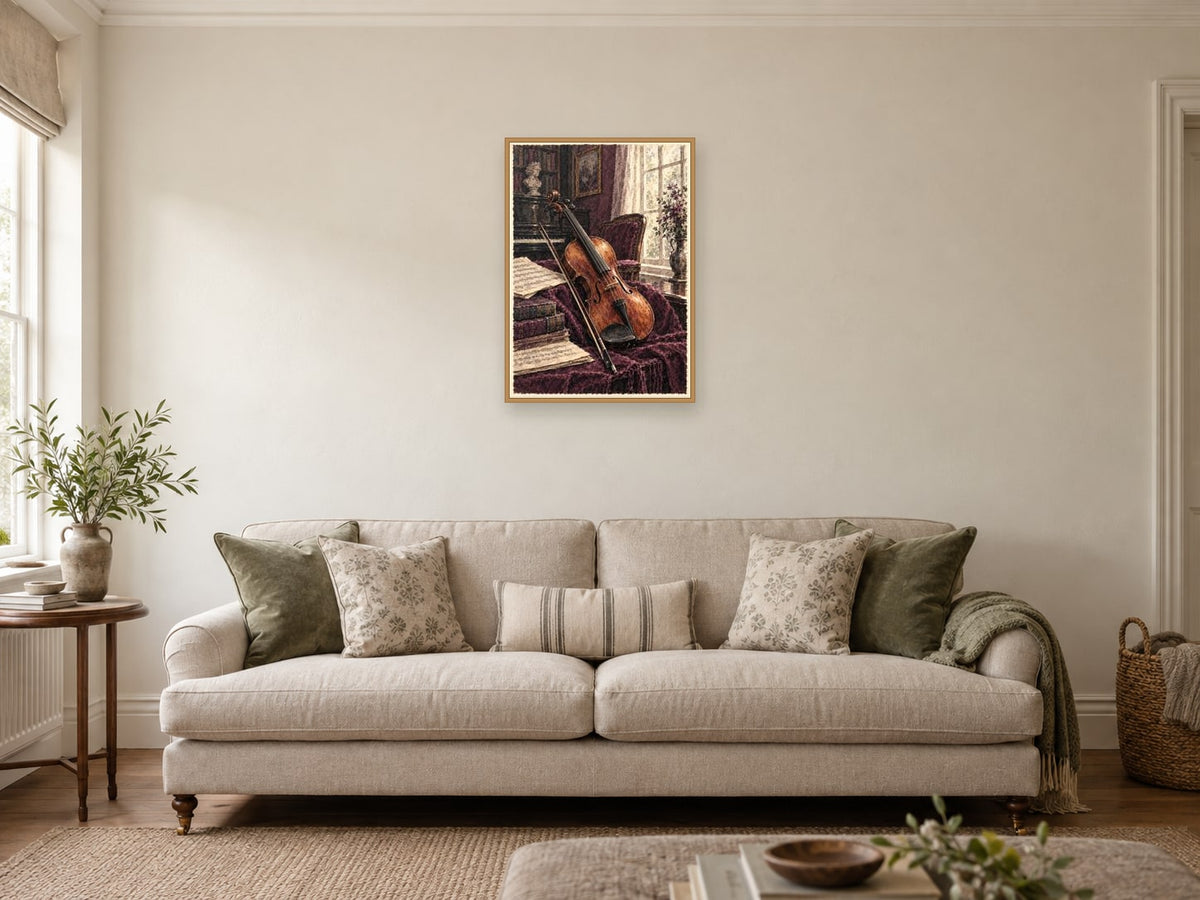 The Violin and the Bow — A2 artwork shown in a room with a natural wood frame; select a framed finish to include a frame