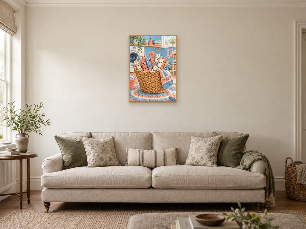 The Peg Basket — A2 artwork shown in a room with a natural wood frame; select a framed finish to include a frame