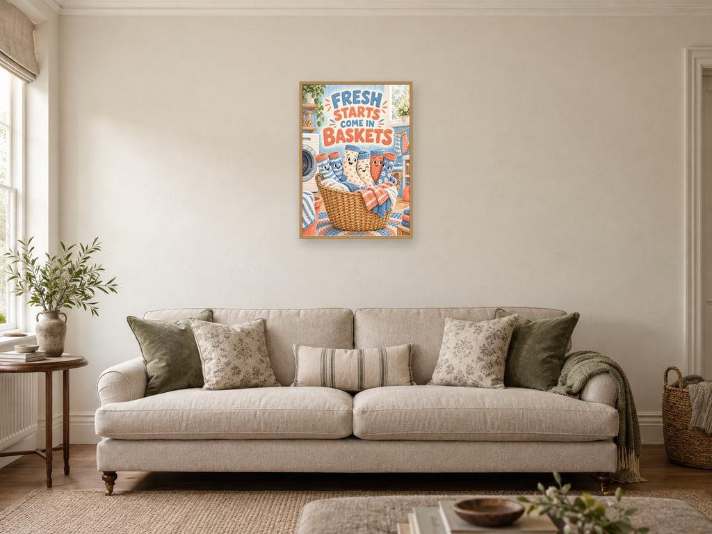 Fresh Starts Come in Baskets — A2 artwork shown in a room with a natural wood frame; select a framed finish to include a frame
