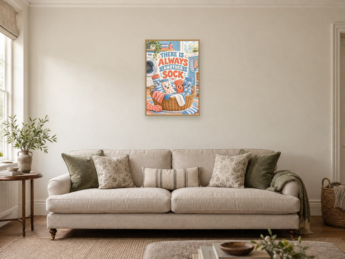 There Is Always Another Sock — A2 artwork shown in a room with a natural wood frame; select a framed finish to include a frame