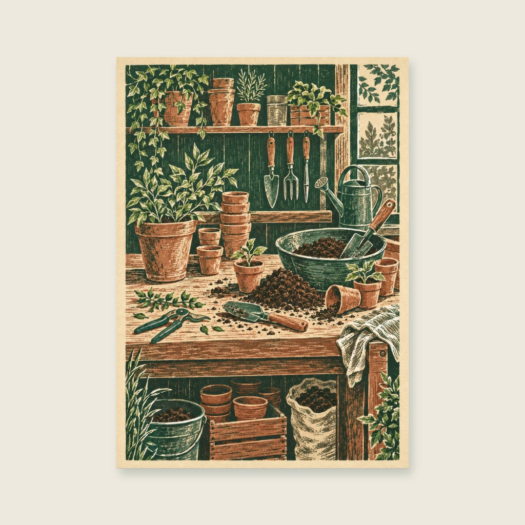 The Potting Bench — Loose botanical linocut utility room art print