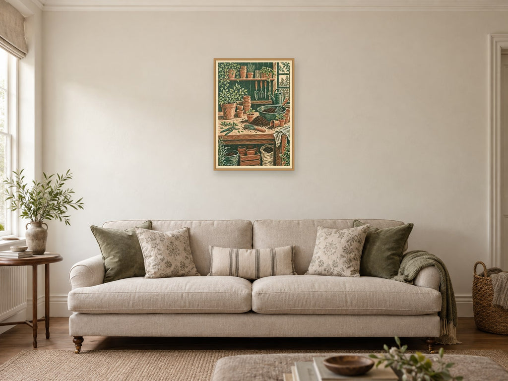 The Potting Bench — A2 artwork shown in a room with a natural wood frame; select a framed finish to include a frame
