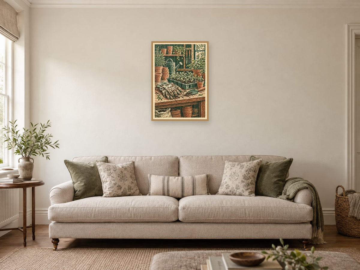 Gloves and Seedlings — A2 artwork shown in a room with a natural wood frame; select a framed finish to include a frame