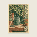 The Watering Can Pause — Loose botanical linocut utility room art print