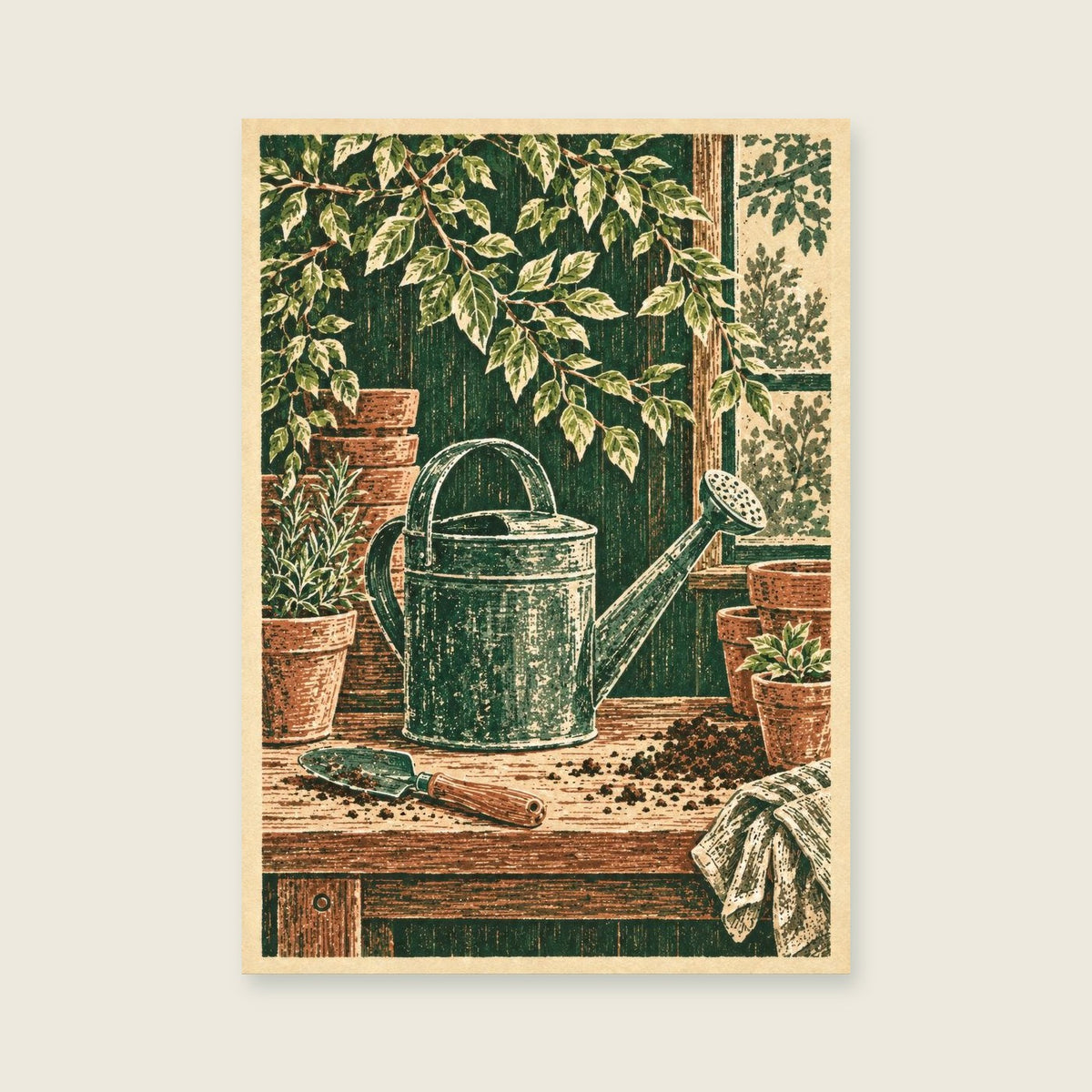 The Watering Can Pause — Loose botanical linocut utility room art print