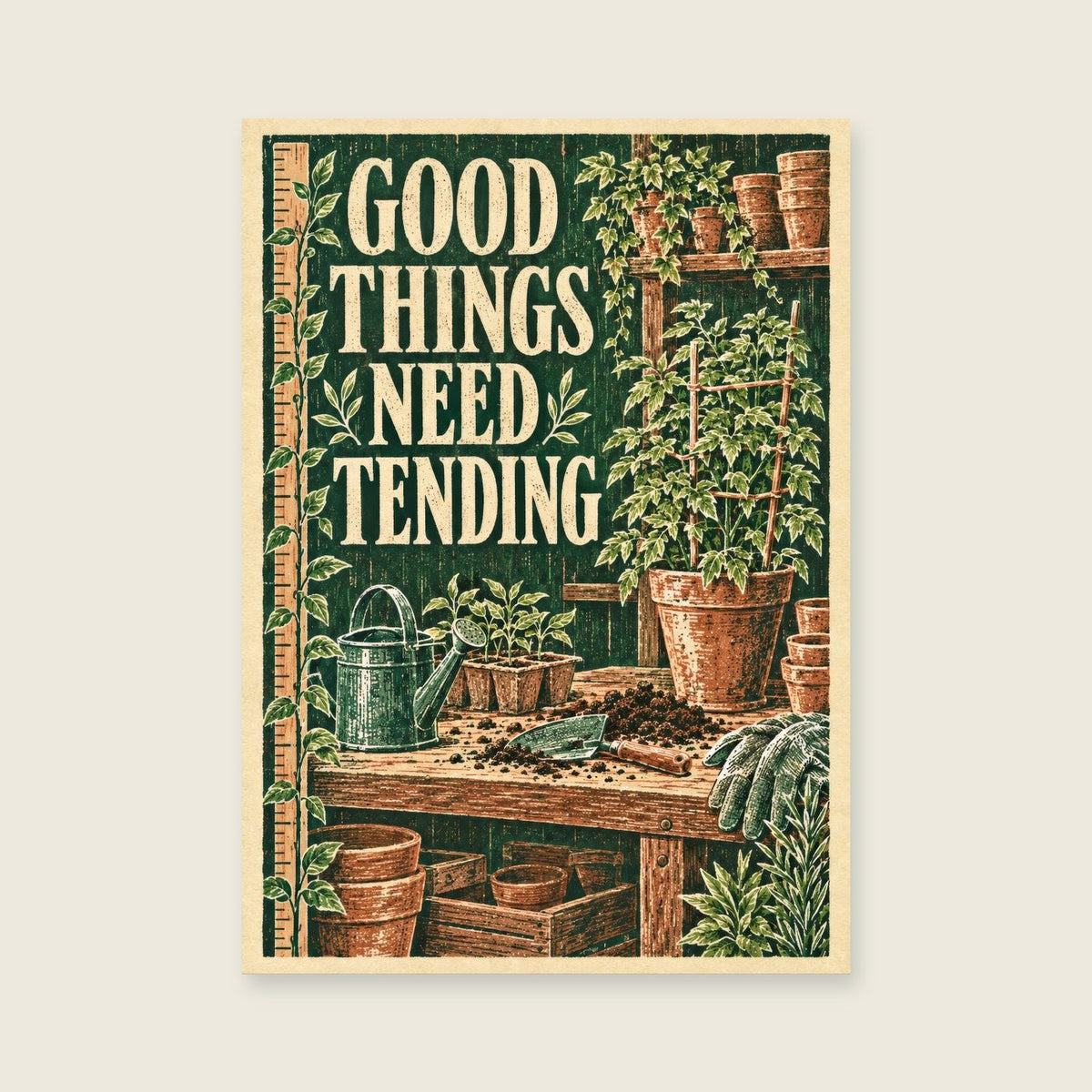 Good Things Need Tending — Loose botanical linocut utility room art print