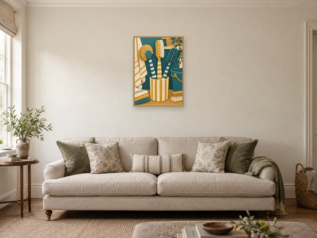 Brooms in a Row — A2 artwork shown in a room with a natural wood frame; select a framed finish to include a frame