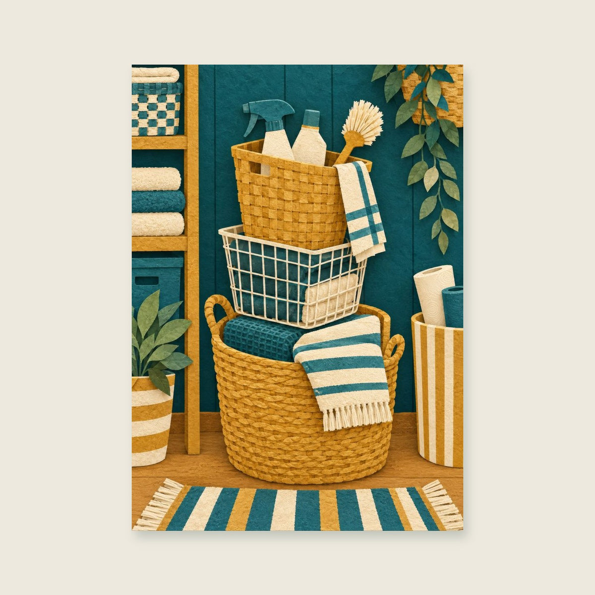 The Colourful Basket Stack — Graphic cut-paper utility room art print