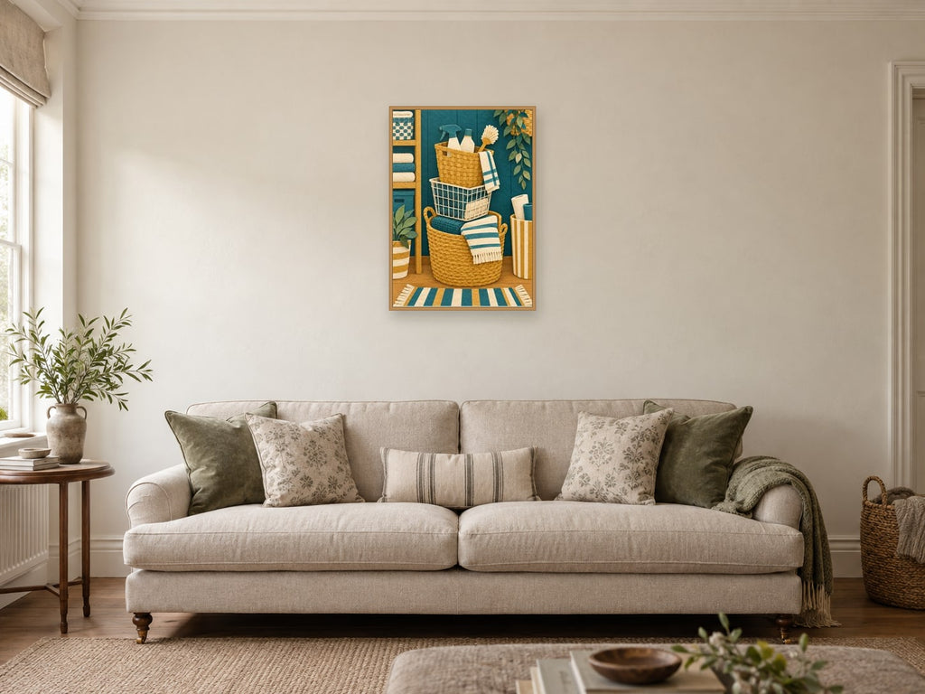 The Colourful Basket Stack — A2 artwork shown in a room with a natural wood frame; select a framed finish to include a frame