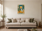 The Colourful Basket Stack — A2 artwork shown in a room with a natural wood frame; select a framed finish to include a frame