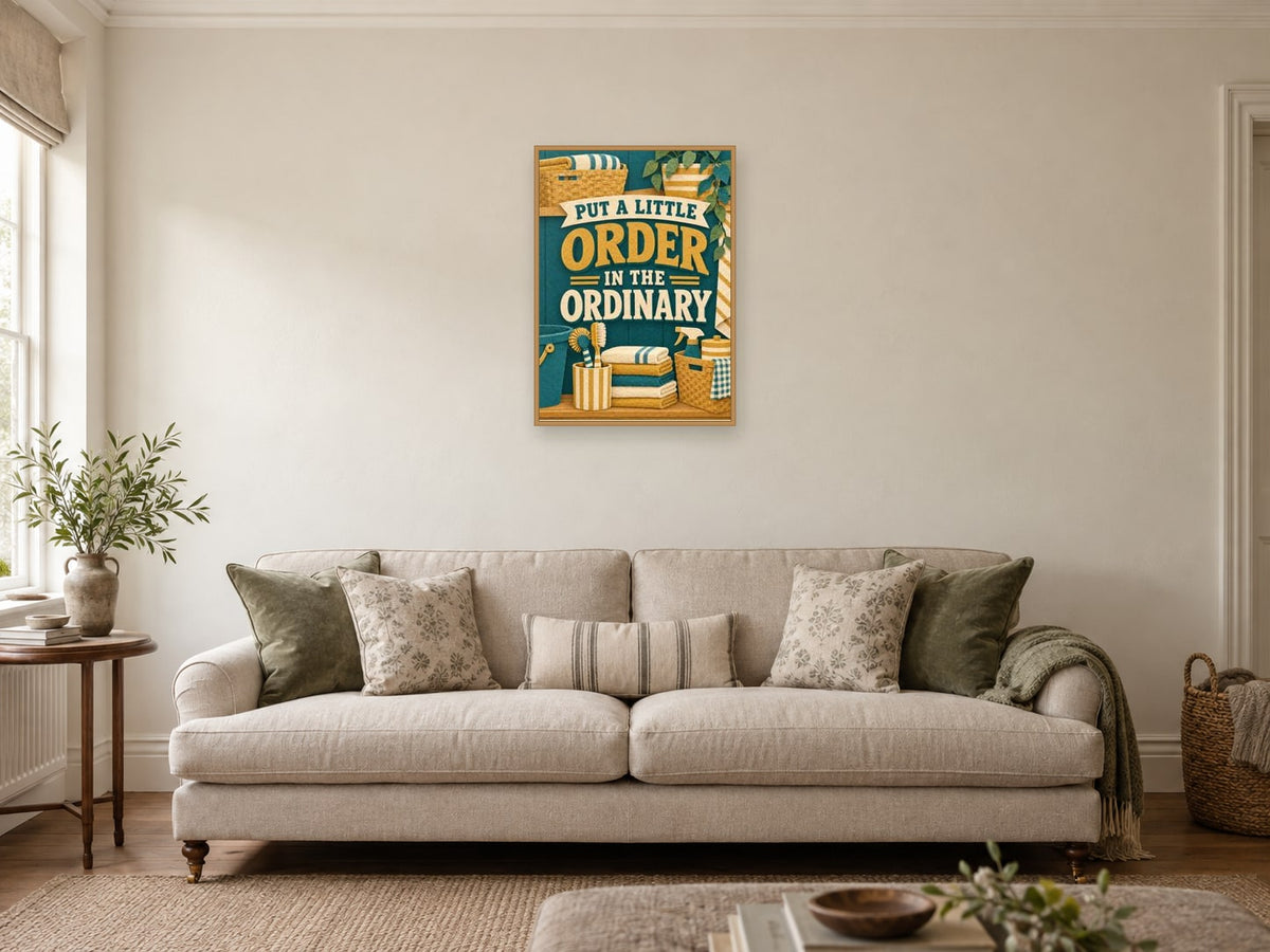 Put a Little Order in the Ordinary — A2 artwork shown in a room with a natural wood frame; select a framed finish to include a frame