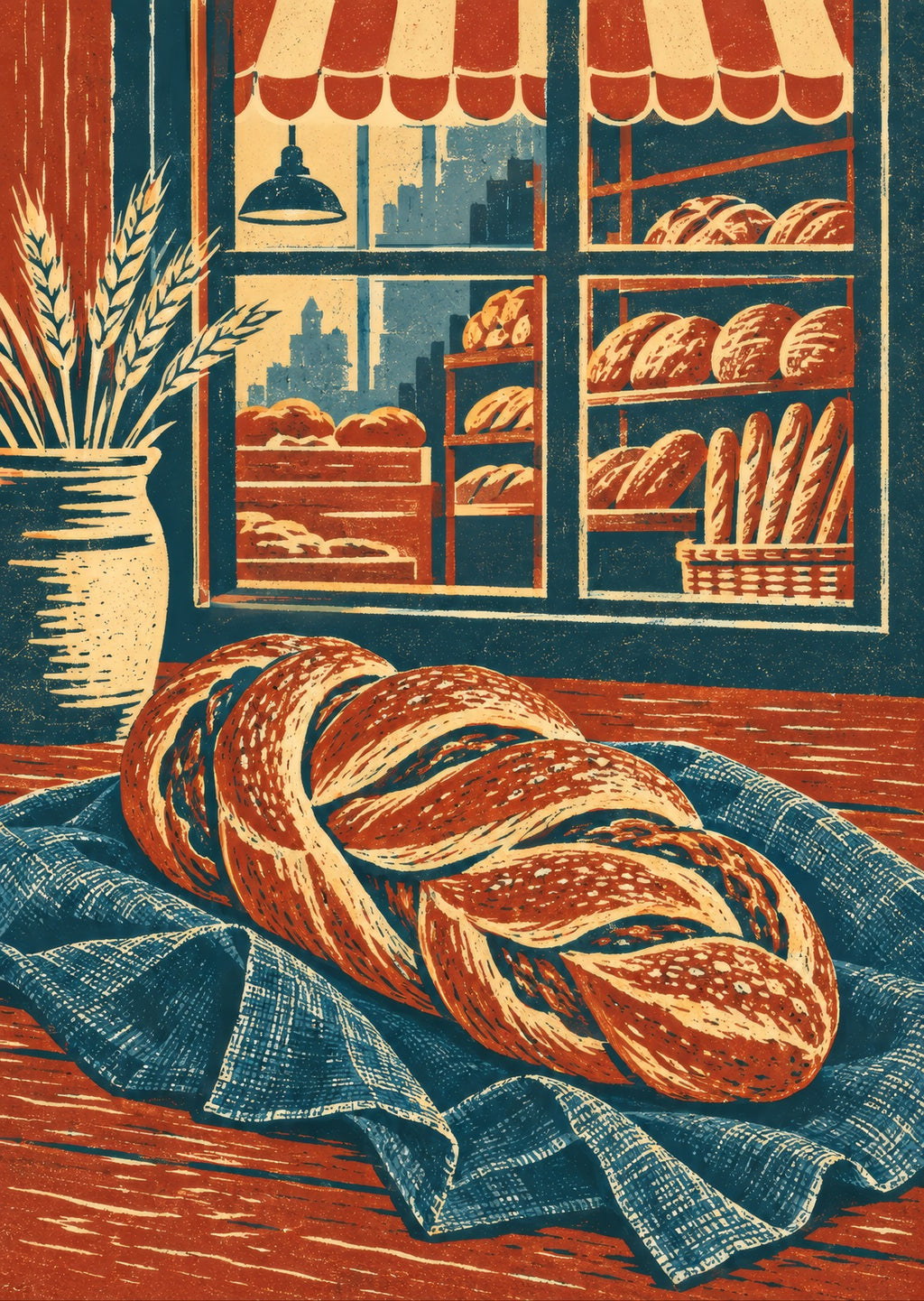 Twisted bread on blue linen — artwork detail