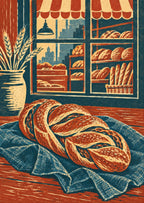 Twisted bread on blue linen — artwork detail