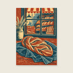 Twisted bread on blue linen — Layered linocut kitchen art print