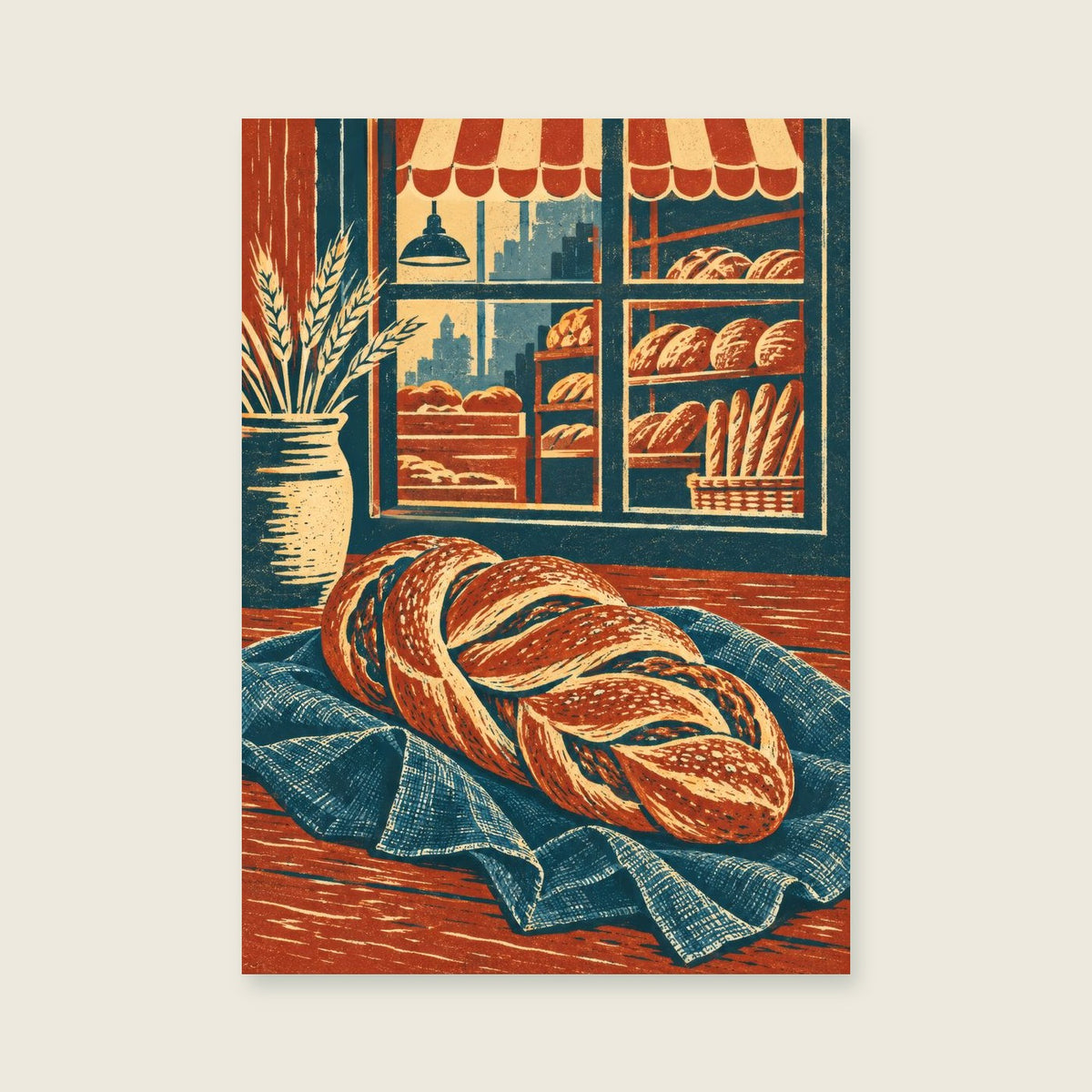 Twisted bread on blue linen — Layered linocut kitchen art print