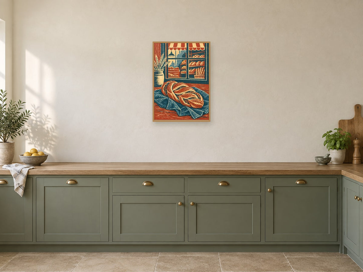 Twisted bread on blue linen — A2 artwork shown in a room with a natural wood frame; select a framed finish to include a frame