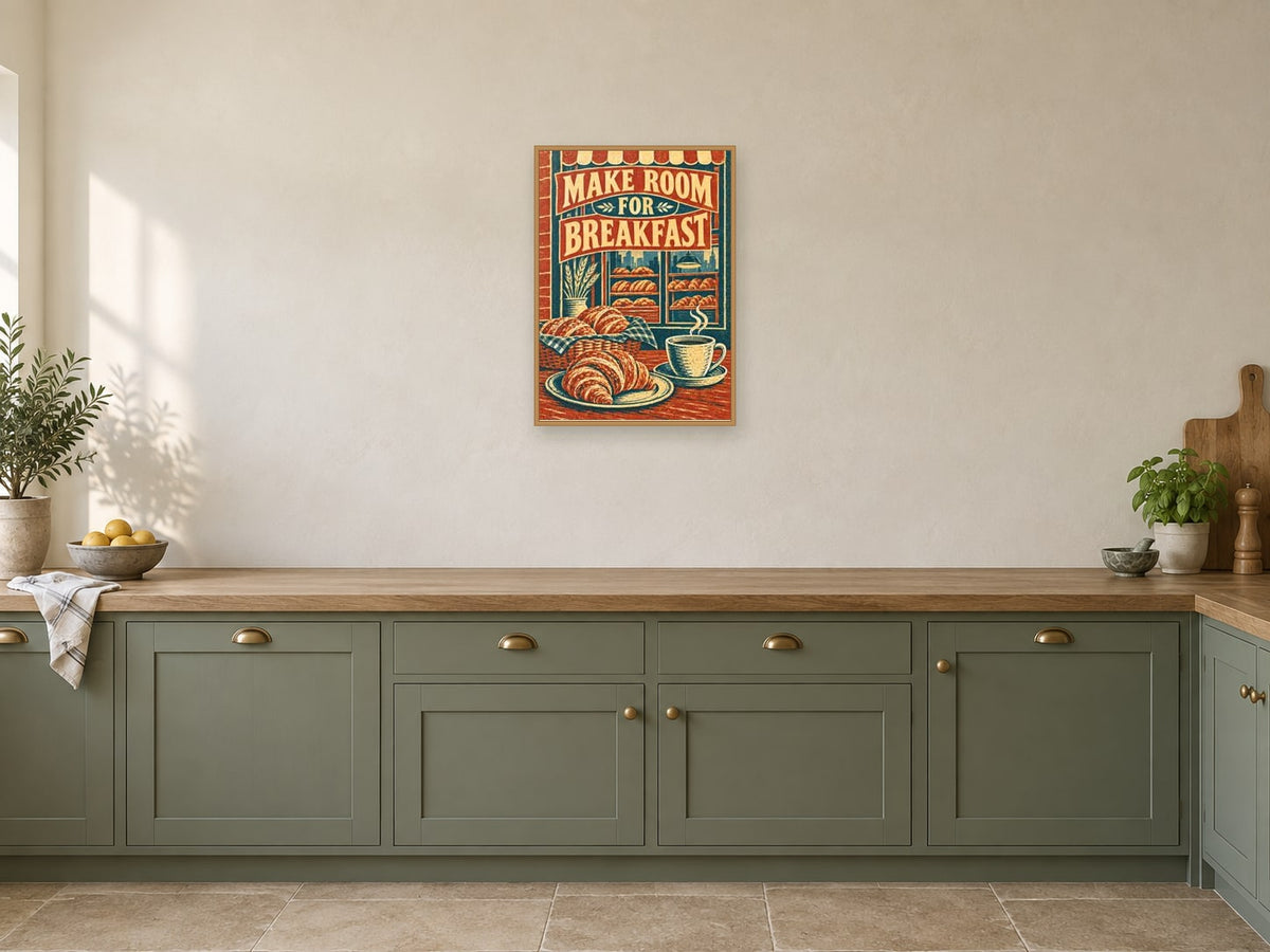 Make Room For Breakfast — A2 artwork shown in a room with a natural wood frame; select a framed finish to include a frame