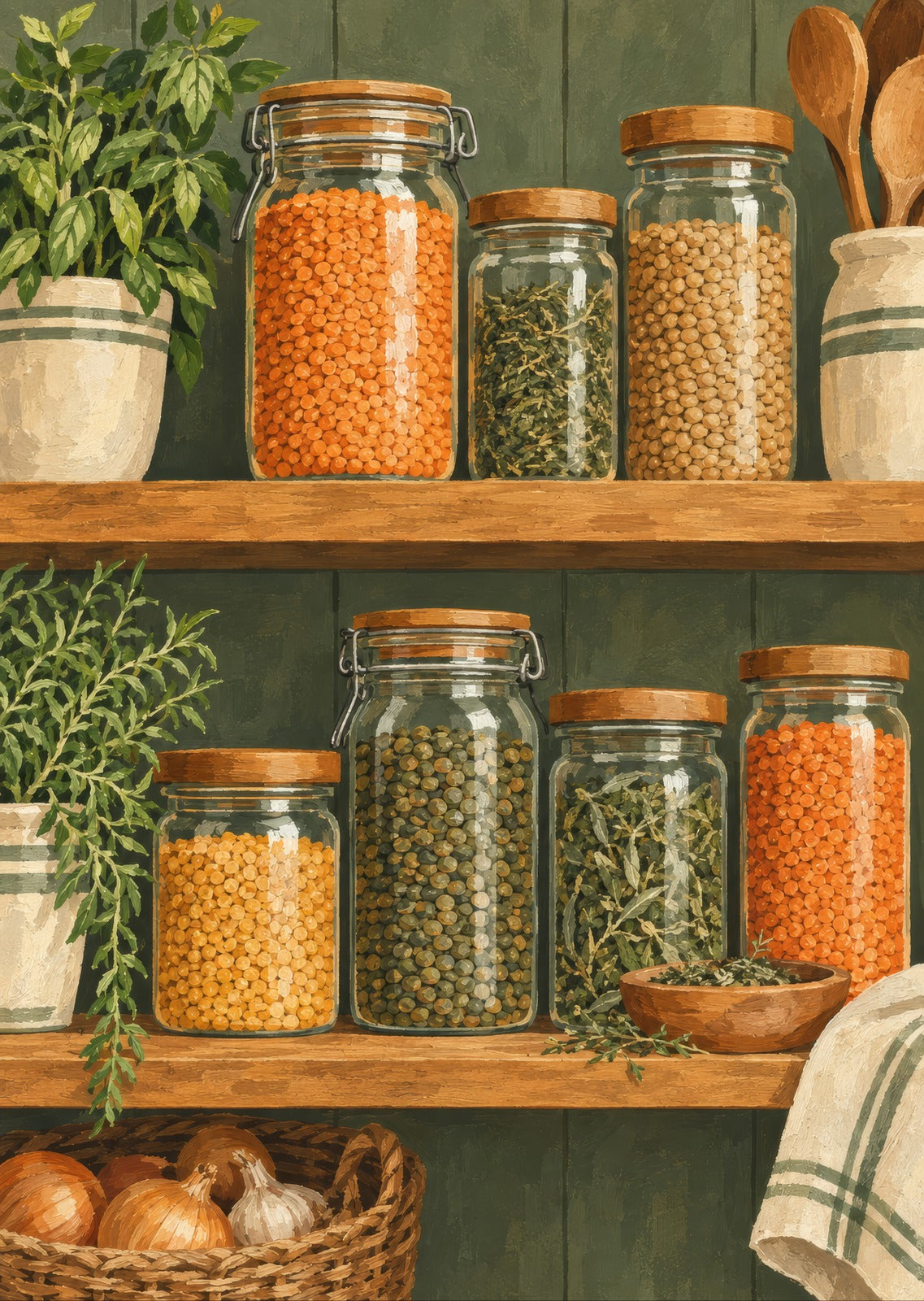 Glass jars of lentils and herbs on wooden shelves — artwork detail