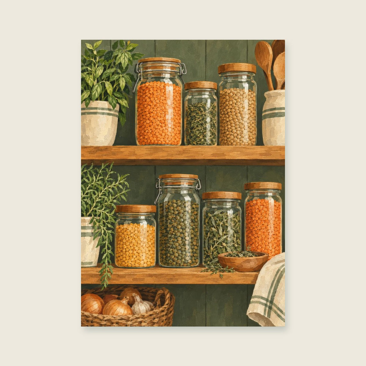 Glass jars of lentils and herbs on wooden shelves — Rich editorial gouache kitchen art print