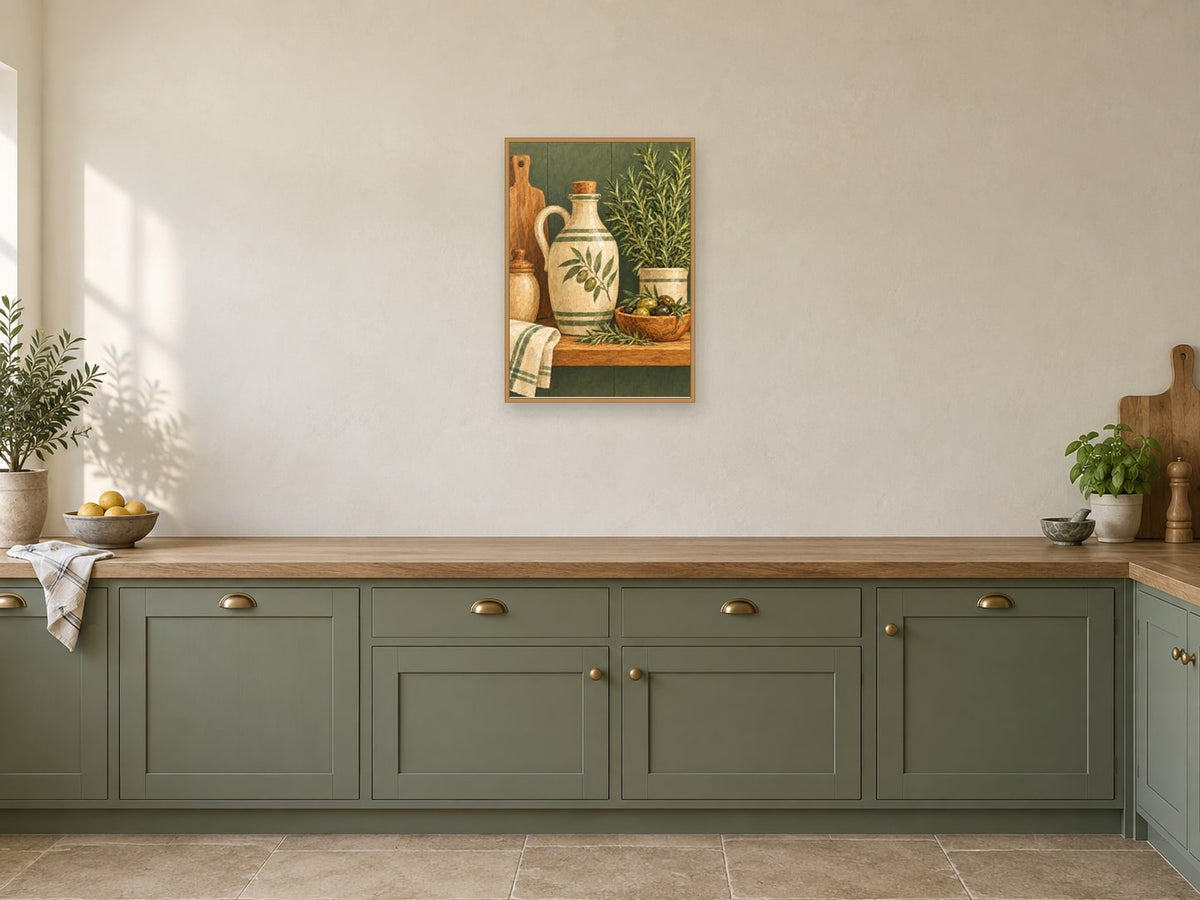 Ceramic oil jug — A2 artwork shown in a room with a natural wood frame; select a framed finish to include a frame