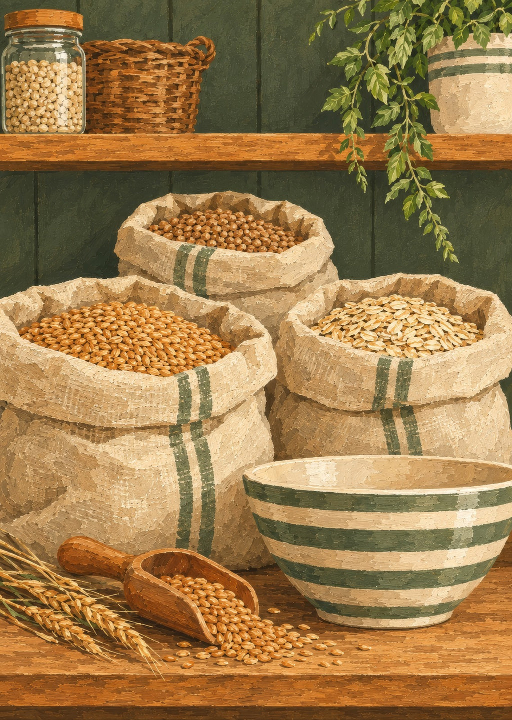 Sacks of grain and a striped mixing bowl — artwork detail