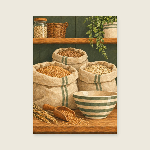 Sacks of grain and a striped mixing bowl Art Print
