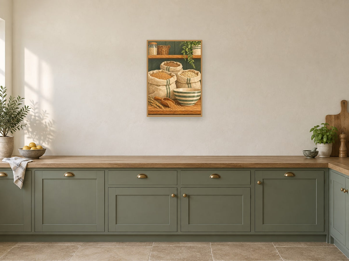 Sacks of grain and a striped mixing bowl — A2 artwork shown in a room with a natural wood frame; select a framed finish to include a frame