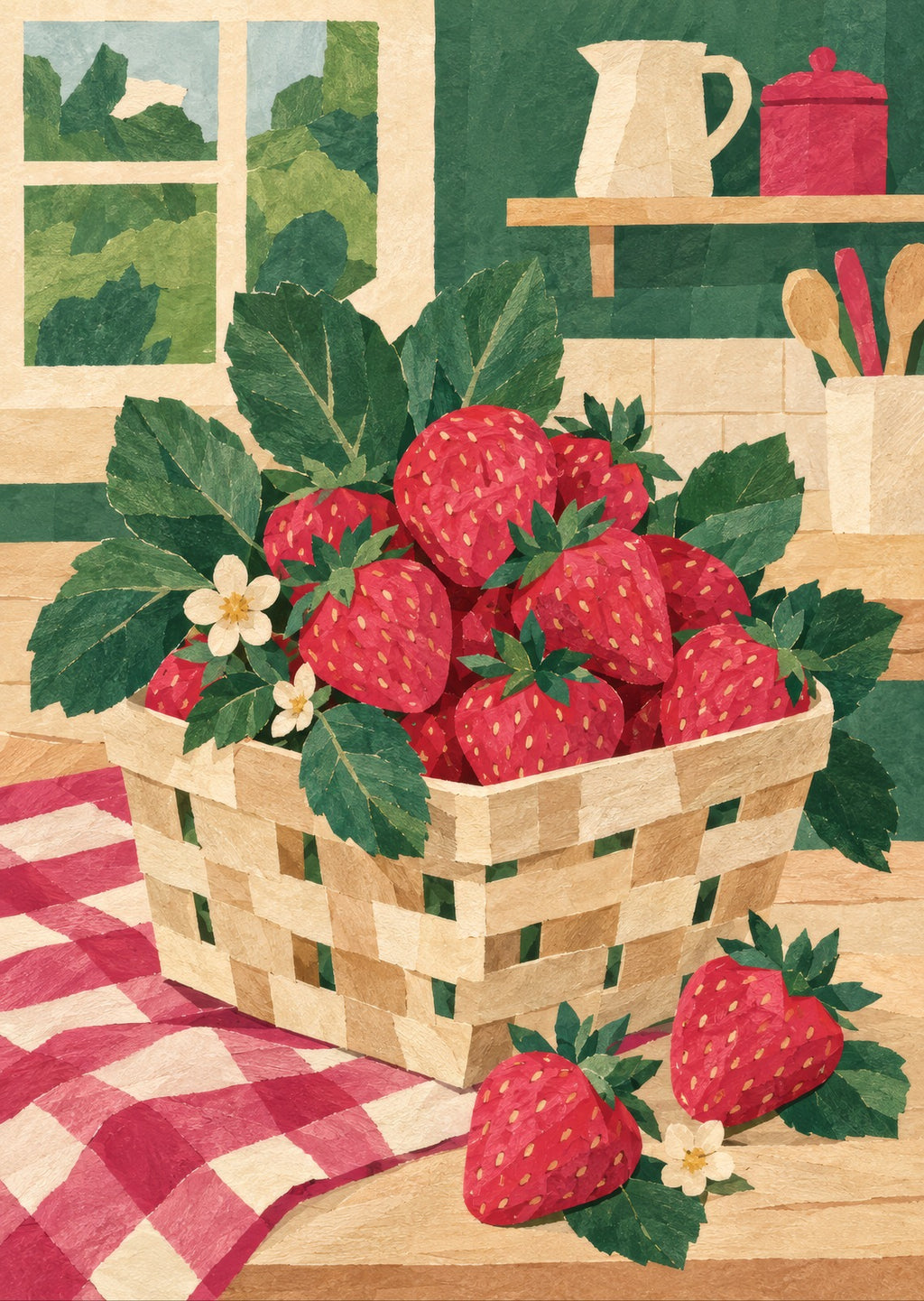 Strawberries in a woven punnet — artwork detail