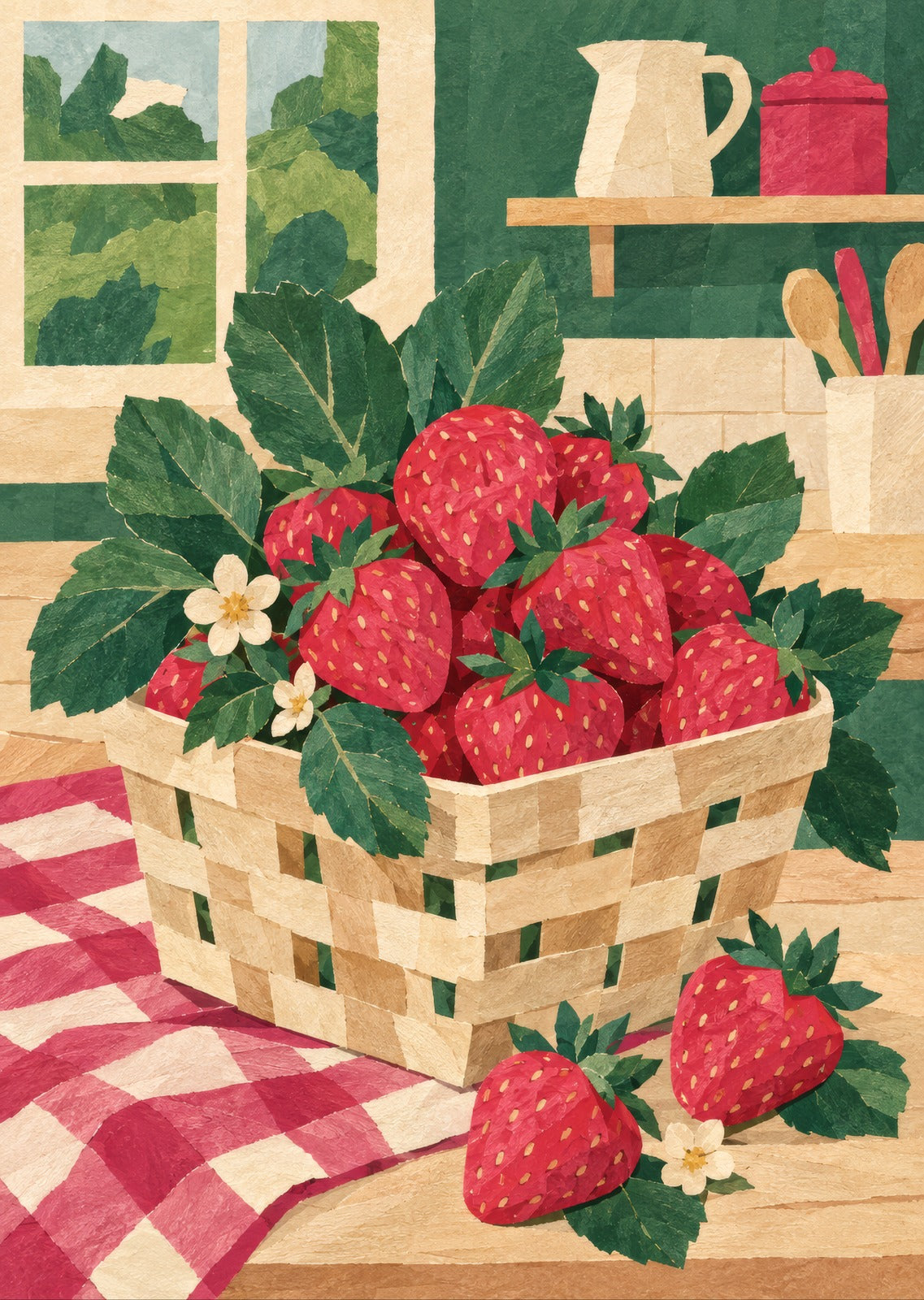 Strawberries in a woven punnet — artwork detail