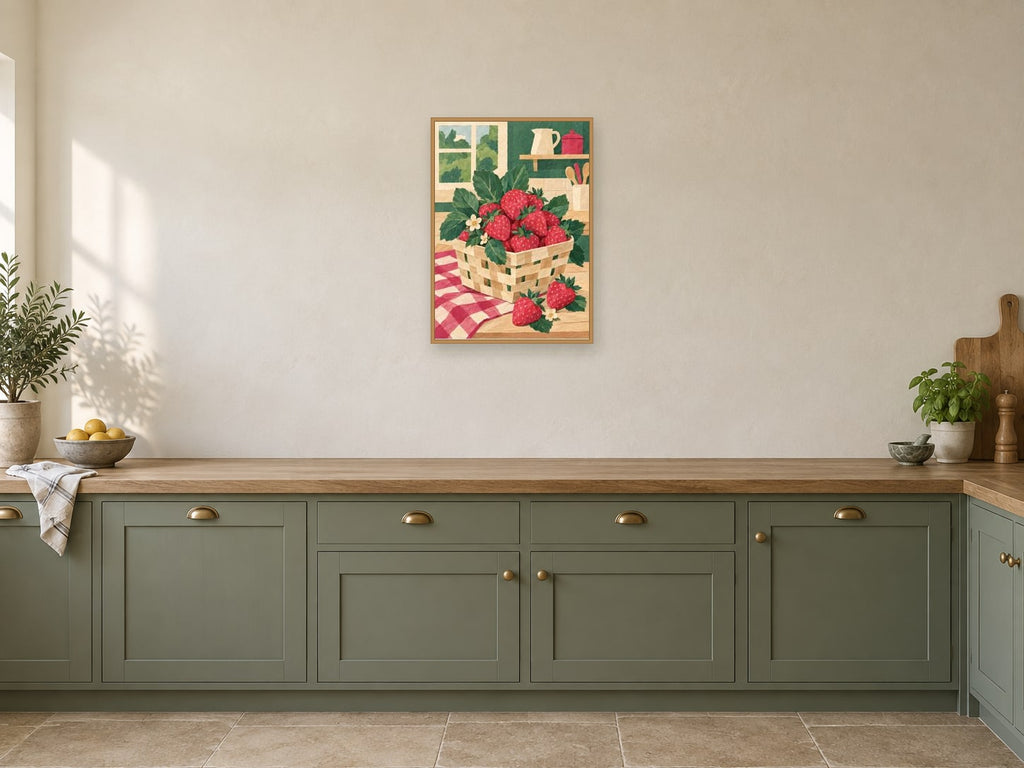 Strawberries in a woven punnet — A2 artwork shown in a room with a natural wood frame; select a framed finish to include a frame
